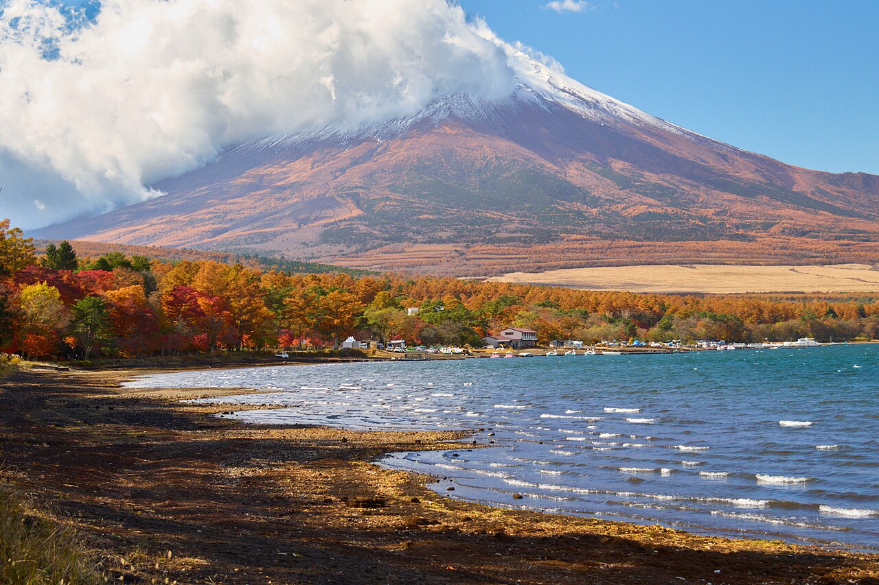 Mount Fuji viewed from Lake Yamanaka in Yamanashi, Japan.